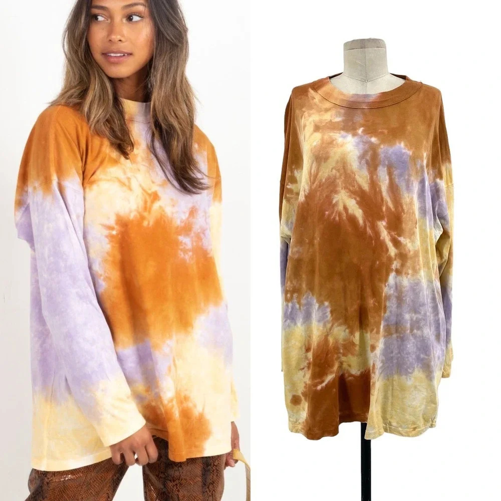 Free People Be Free Tie Dye Long Sleeve‎ Tee Lilac Woods Size Large